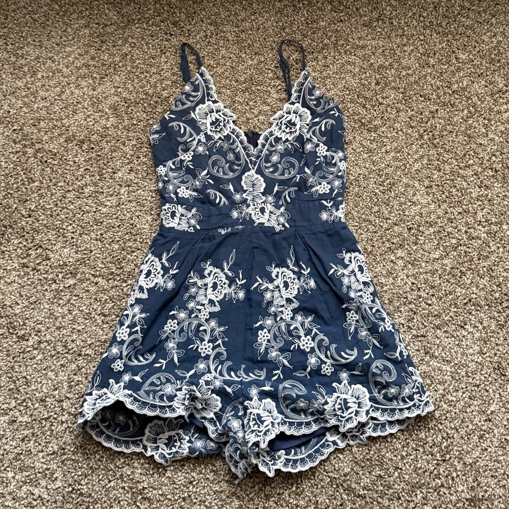 Elegant Blue and White Lace One Piece Strappy Adjustable Romper
